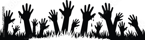 Dark black silhouette vector illustration of multiple zombie hands rising from ground with dripping effect, eerie horror design, Halloween undead concept, high resolution artwork.