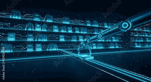 Robotic arm in a futuristic warehouse with neon blue lighting and digital circuit board background showcasing advanced technology
