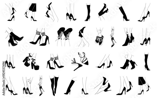 Women High Heels Silhouette Set, Sexy High Heels and Female Legs Fashion Set, Stiletto Pumps, Platform Sandals, Chunky Heel Boots, Strappy Ankle Heels and Thigh High Leather Boots