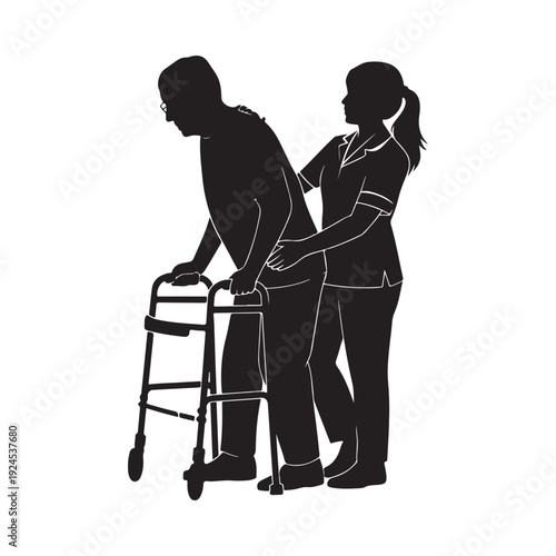 Silhouette of a healthcare worker assisting an elderly patient with a walker