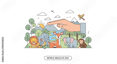 World Wildlife Day illustration with a giant hand protecting diverse animals like a lion, elephant, deer, and monkey in a vibrant natural landscape.