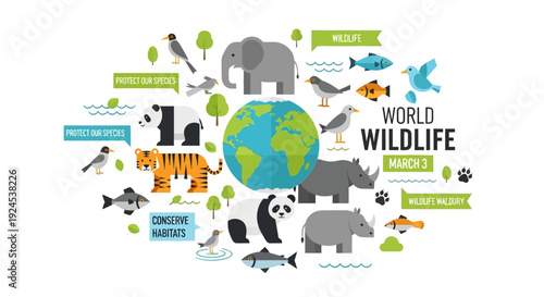 World Wildlife Day graphic with diverse animals surrounding a globe, promoting conservation and protection of species and habitats.