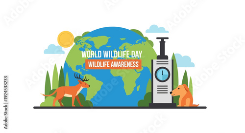A vibrant illustration for World Wildlife Day, featuring a globe, a deer, a dog, and a clock, promoting wildlife awareness and conservation.