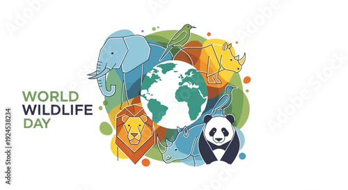 World Wildlife Day illustration with a globe surrounded by an elephant, lion, rhino, bird, and panda, symbolizing global conservation efforts.