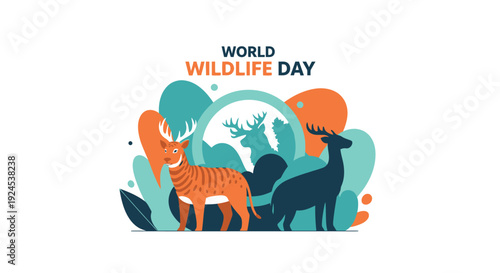 An illustration celebrating World Wildlife Day with a stylized tiger and deer, set against a backdrop of abstract organic shapes and a globe silhouette, promoting conservation.