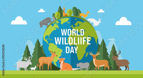 Vibrant illustration of World Wildlife Day with diverse animals like deer, fox, bear, and birds surrounding a globe amidst lush green trees and a blue sky.