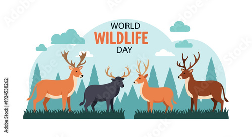Flat illustration for World Wildlife Day featuring four different deer species in a stylized forest landscape with trees and clouds.