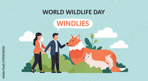 Illustration of World Wildlife Day featuring a couple gently petting foxes in a natural, outdoor setting, promoting animal conservation and appreciation.