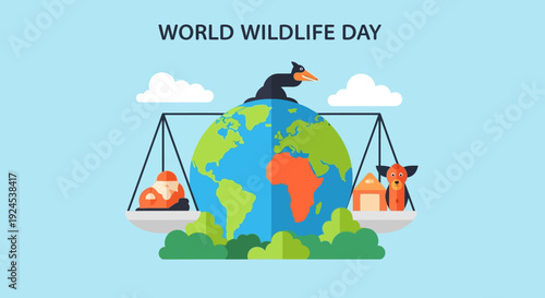 World Wildlife Day illustration showing a globe balanced on a scale with various animals, symbolizing conservation and ecological balance.