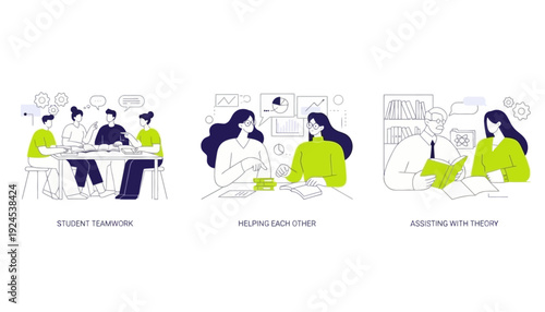 Students teamwork helping each other assisting with notes in classroom