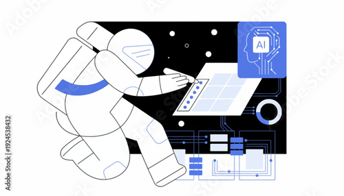 Astronaut interacts with a futuristic tablet in space.