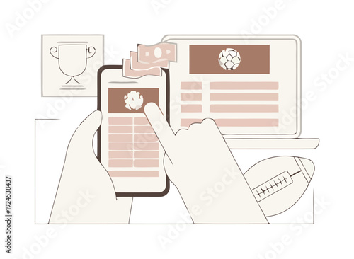 A person interacts with a smartphone and laptop displaying sports-related content with a football nearby indoors.