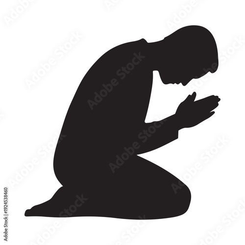 Silhouette of a person kneeling in prayer hands clasped together