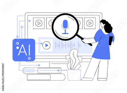 A woman examines a large computer screen with a microphone icon and AI logo nearby