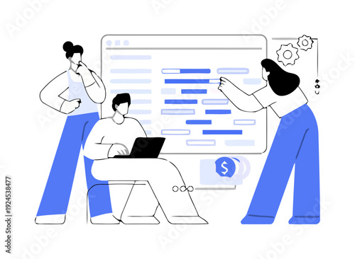 People interacting with a large computer screen displaying data analysis