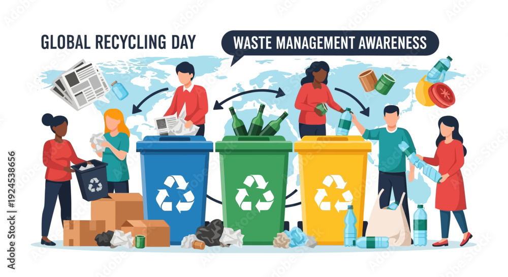 Naklejka premium Diverse people sorting and recycling waste into color-coded bins for paper, glass, and plastic, promoting global recycling day and waste management awareness.
