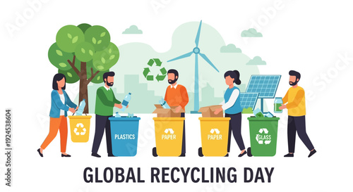 People sorting waste into recycling bins for Global Recycling Day, promoting environmental sustainability with wind turbines and solar panels in the background.