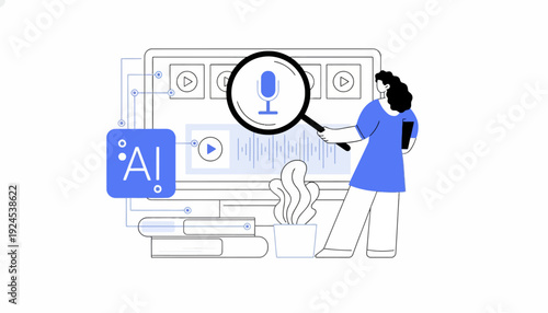 Woman examines AI interface with microphone on screen closely