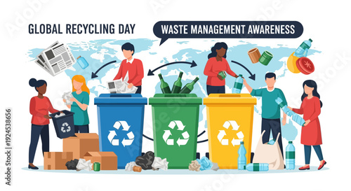 Diverse people sorting and recycling waste into color-coded bins for paper, glass, and plastic, promoting global recycling day and waste management awareness.