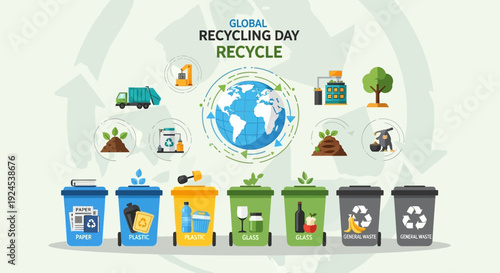A detailed illustration for Global Recycling Day showing various waste management elements and color-coded bins for different materials.