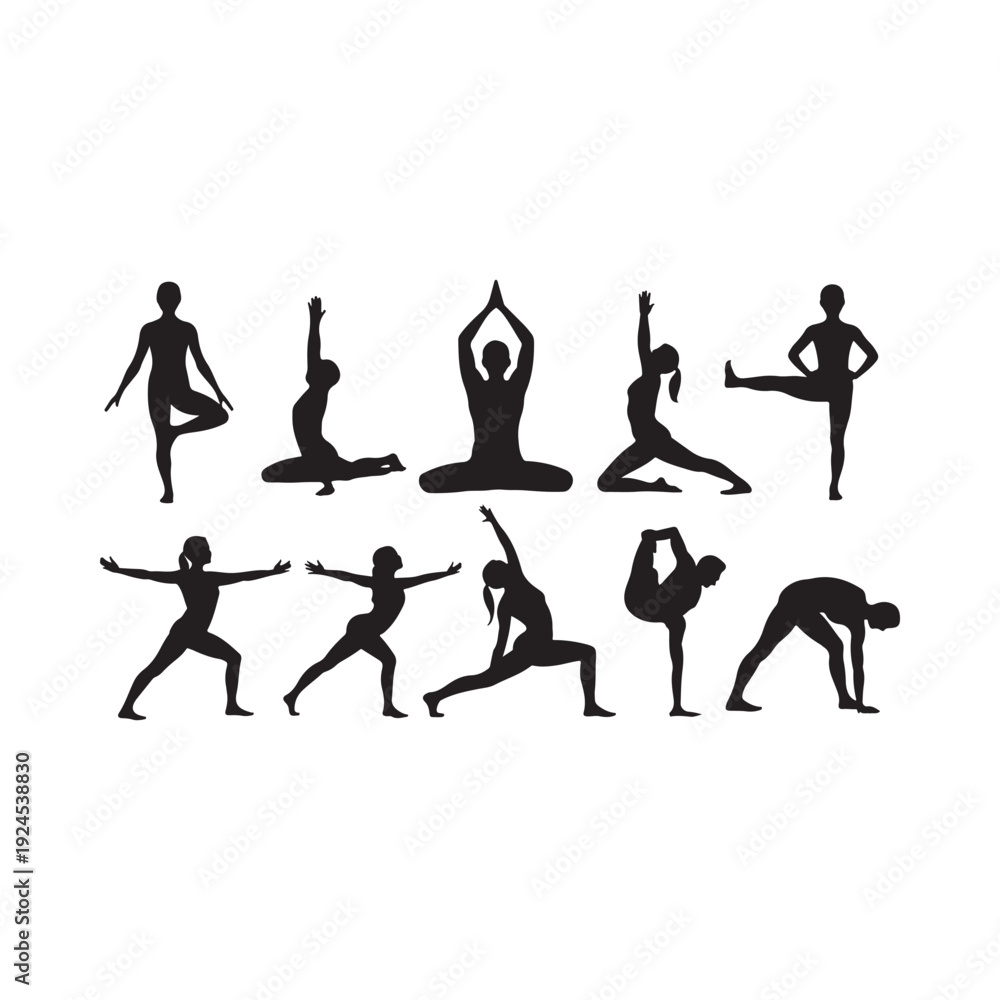 Obraz premium Black silhouettes depicting various yoga poses and human figures