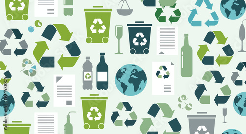 Seamless pattern of recycling symbols, bins, bottles, and globes illustrating environmental conservation and waste management.