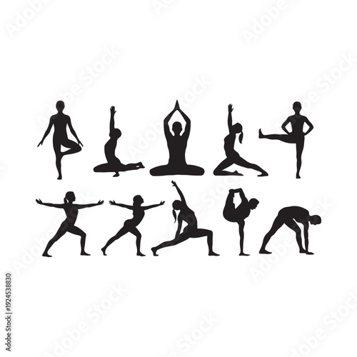Black silhouettes depicting various yoga poses and human figures