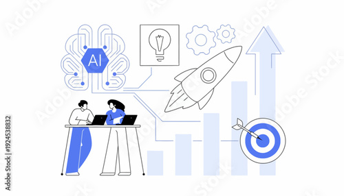 People analyze data on laptops with AI concept and growth charts nearby