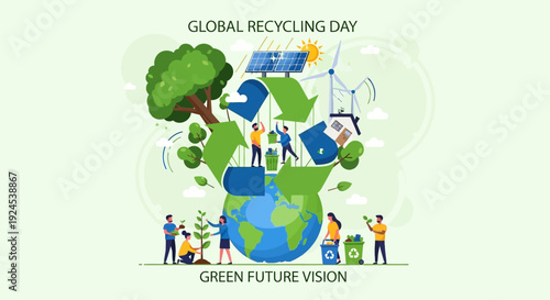 Diverse group of people celebrating Global Recycling Day by sorting waste into color-coded bins for paper, plastic, glass, and metal, promoting environmental sustainability.