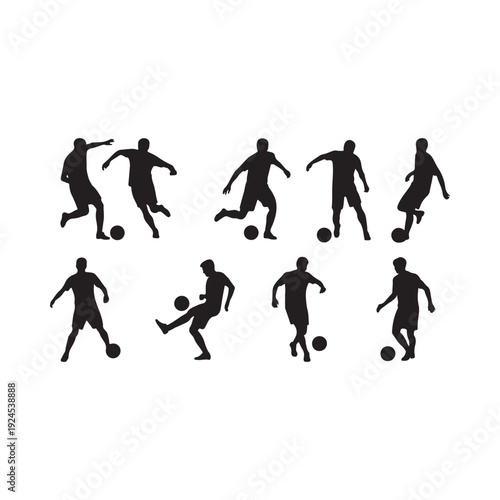 Silhouettes of soccer players in dynamic action poses with footballs