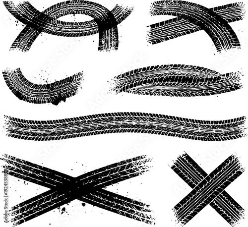 Tire tread marks after skidding, launch, drift, powerslide in motorsport, rally, off-road, motocross. Wheel texture with splash effect. Vector, transparent background EPS version.