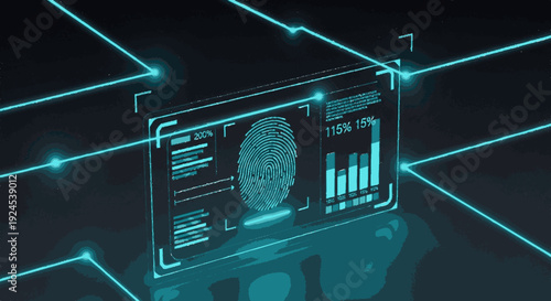 Futuristic biometric interface with fingerprint scan and data visualization on holographic screen in dark cyberpunk background