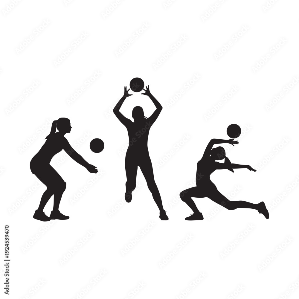 Fototapeta premium Silhouettes of three women playing basketball demonstrating passing and shooting