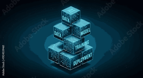 Stacked 3d cubes representing data model training and deployment process in a futuristic blue digital environment with concentric circular