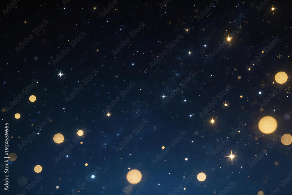 Fototapeta premium Dark blue starry night sky with golden bokeh lights, representing the vast universe, cosmos, and celestial wonders. Ideal for space and astronomy themes.