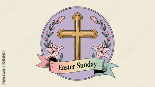 Easter sunday cross symbol with lilies and ribbons on purple background for holiday greeting cards