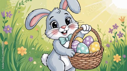 Smiling easter bunny holding basket of colorful eggs in spring flowers