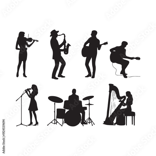 Silhouettes of a musical band performing with various instruments on stage