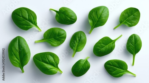 Fresh Spinach Leaves on White Background, Vibrant Green Color, Healthy Ingredient for Salads and Smoothies, Perfect for Culinary and Food Photography Usage