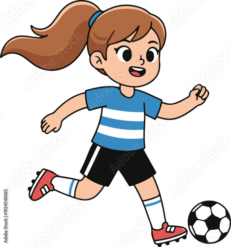 A flat cartoon vector illustration of an active young girl running and dribbling a soccer ball. 