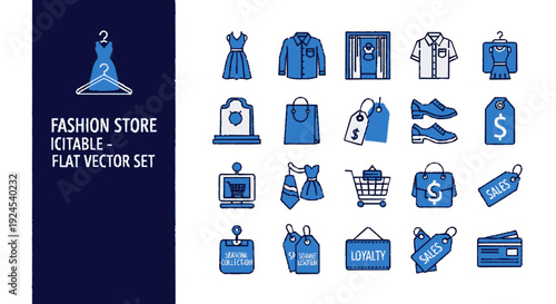 Fashion store icons set with clothing accessories and shopping symbols in blue on white background perfect for e commerce and retail designs