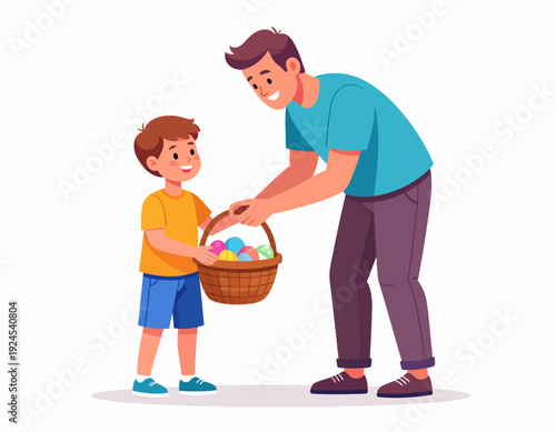 Father and son sharing Easter eggs from a basket, a joyful moment of tradition and bonding during the spring holiday
