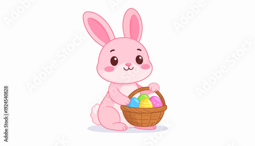 Cute pink Easter bunny character holding a wicker basket filled with colorful painted eggs, isolated on a white background