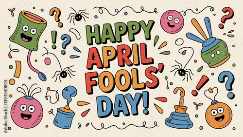 Colorful april fools' day illustration with cartoon characters and symbols