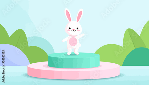 Adorable white bunny character standing on a pink and green podium, waving hello against a simple minimalist hill background