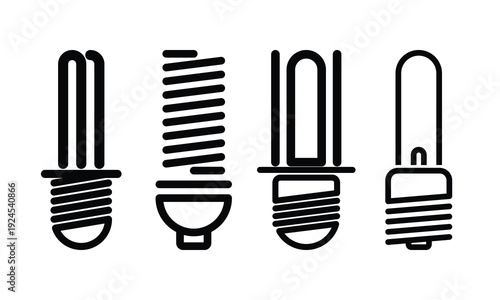 Coiled Filament Light Bulb Line Icons Halogen Incandescent Tungsten Wire Screw Base Variations