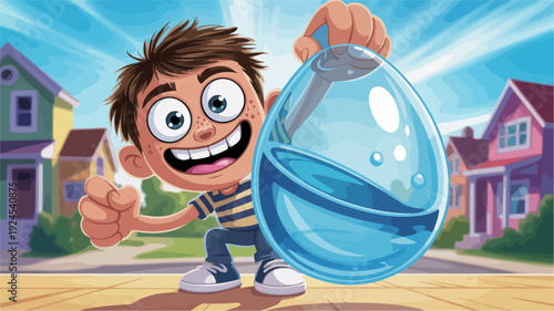 Happy cartoon boy holding large water droplet with smiling face in suburban neighborhood street