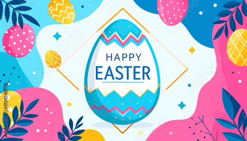 Vibrant flat design illustration featuring decorated Easter eggs and colorful foliage for a festive spring holiday greeting