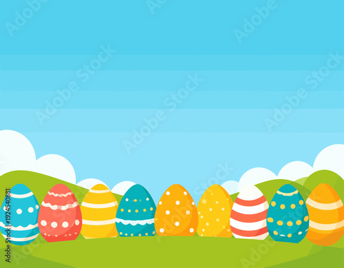 Colorful decorated Easter eggs lined up in a vibrant green spring meadow under a clear blue sky