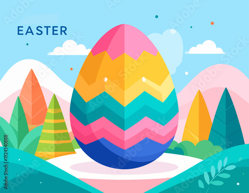 A vibrant illustration of a large, colorfully patterned egg nestled in a stylized spring landscape with rolling hills and trees